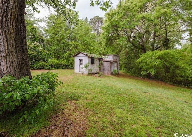 view of yard featuring a storage unit and an outbuilding