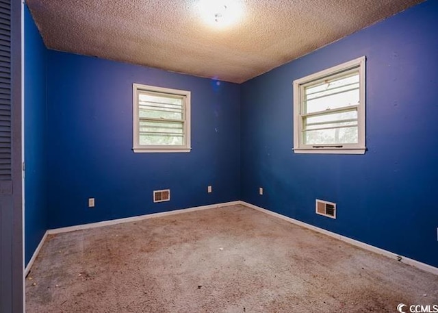 carpeted spare room with baseboards, a wealth of natural light, a textured ceiling, and visible vents