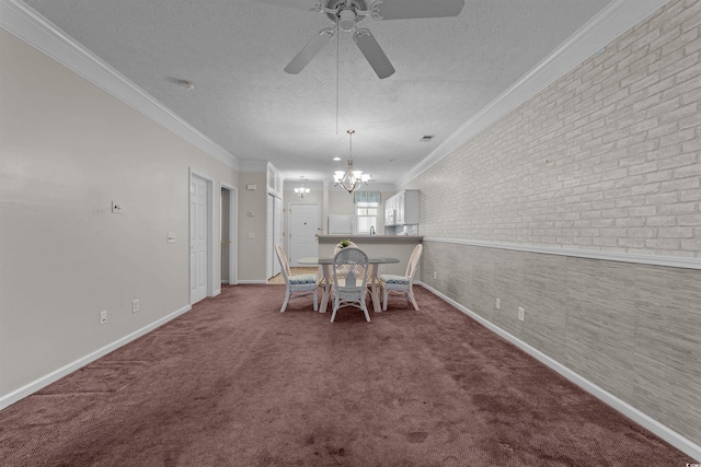 unfurnished dining area with baseboards, brick wall, ornamental molding, a textured ceiling, and carpet flooring