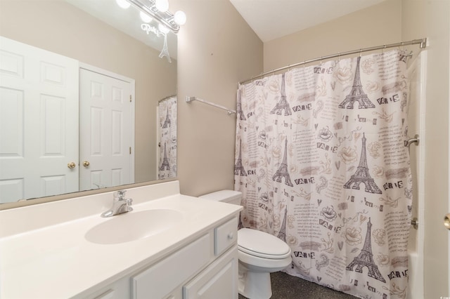 full bath with toilet, shower / tub combo with curtain, and vanity