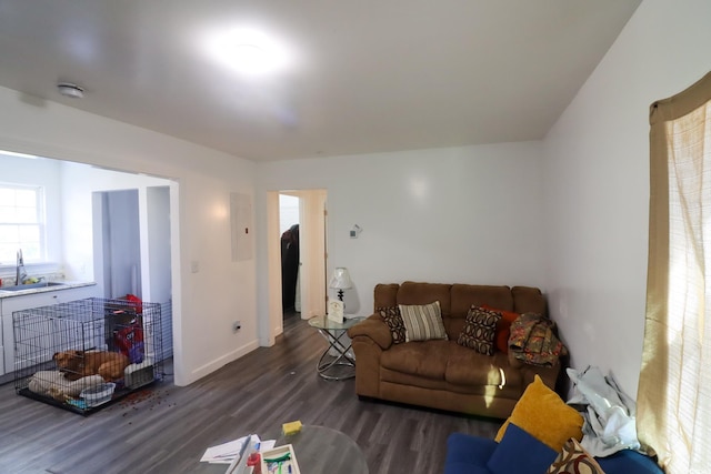 living room with baseboards and wood finished floors