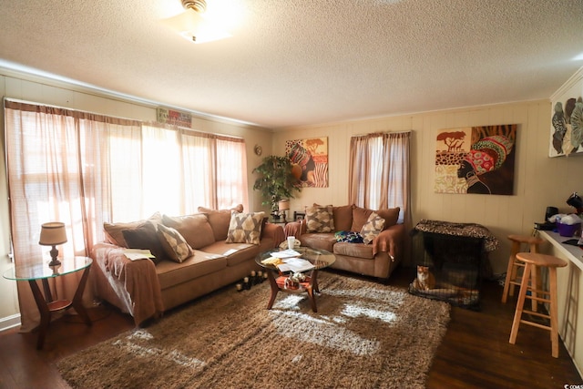 living area with crown molding, wood finished floors, and a textured ceiling