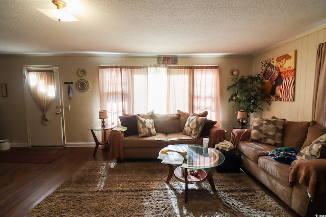 living area featuring a textured ceiling, wood finished floors, and crown molding