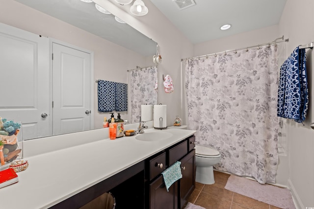 full bathroom with tile patterned flooring, vanity, toilet, and shower / tub combo with curtain