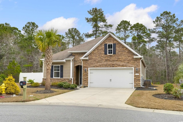 craftsman house featuring cooling unit, a garage, fence, stone siding, and concrete driveway