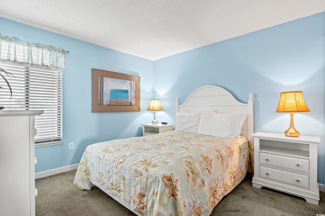 bedroom featuring dark colored carpet