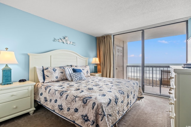 carpeted bedroom with a textured ceiling, access to exterior, floor to ceiling windows, and a water view