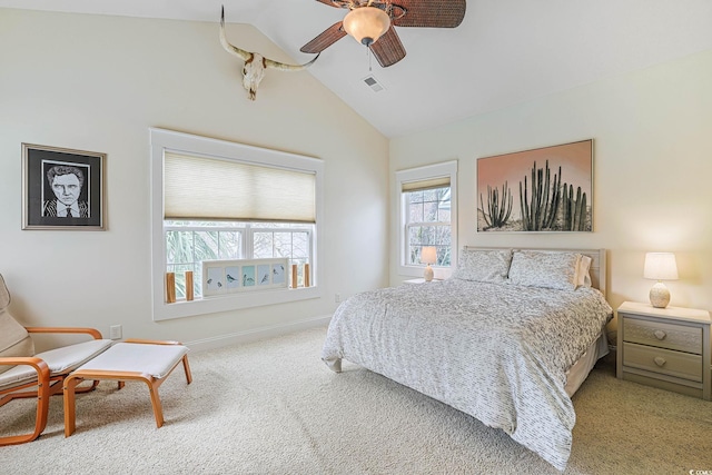 bedroom with lofted ceiling, carpet flooring, and ceiling fan