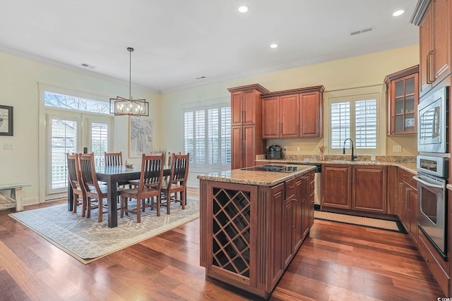 kitchen with appliances with stainless steel finishes, ornamental molding, pendant lighting, a kitchen island, and sink