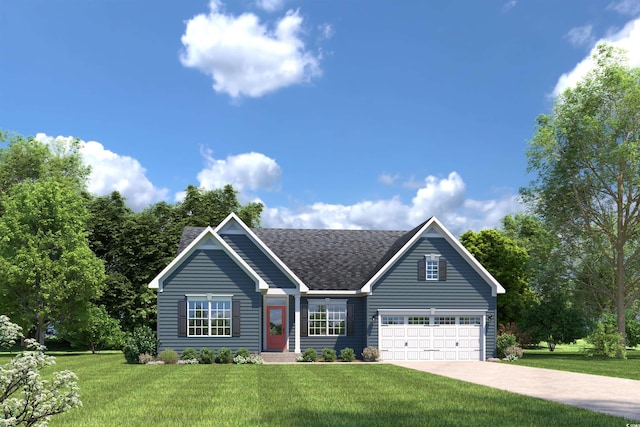 ranch-style home with a garage, concrete driveway, a front lawn, and a shingled roof