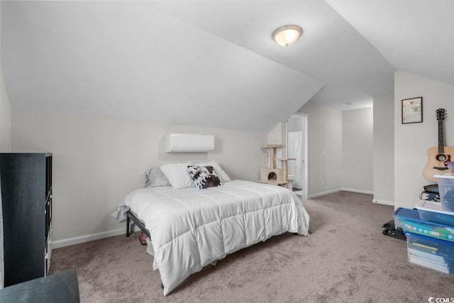 bedroom with light carpet, baseboards, vaulted ceiling, and a wall mounted air conditioner