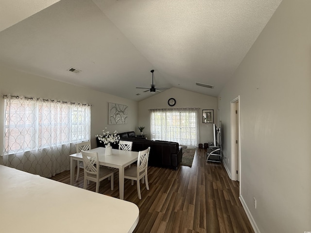 3955 Gladiola Ct Unit 301, Myrtle Beach, SC 29588 - dining space with ceiling fan, dark wood-type flooring, lofted ceiling, baseboards, and a textured ceiling