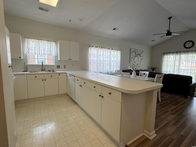 3955 Gladiola Ct Unit 301, Myrtle Beach, SC 29588 - kitchen with a sink, dishwasher, lofted ceiling, a peninsula, and ceiling fan