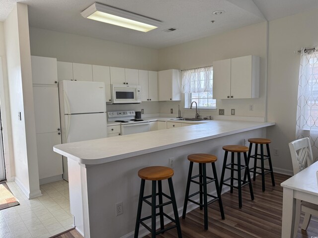 3955 Gladiola Ct Unit 301, Myrtle Beach, SC 29588 - kitchen with white appliances, a sink, a peninsula, light countertops, and baseboards