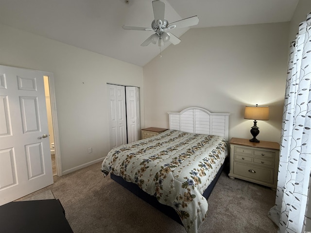 3955 Gladiola Ct Unit 301, Myrtle Beach, SC 29588 - carpeted bedroom featuring a closet, baseboards, a ceiling fan, and high vaulted ceiling
