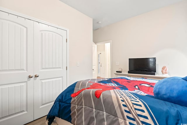 bedroom with wood-type flooring and a closet