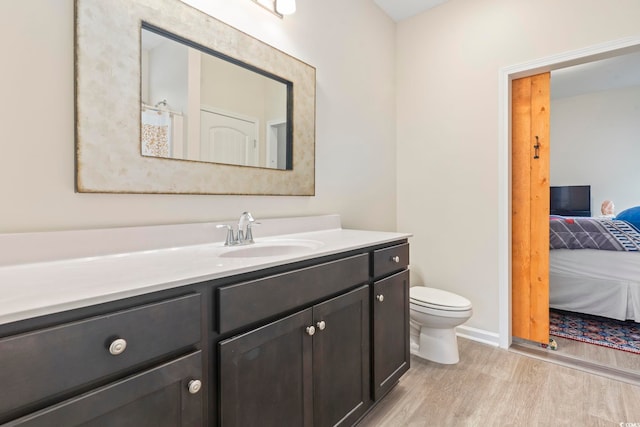 bathroom with wood-type flooring, vanity, and toilet