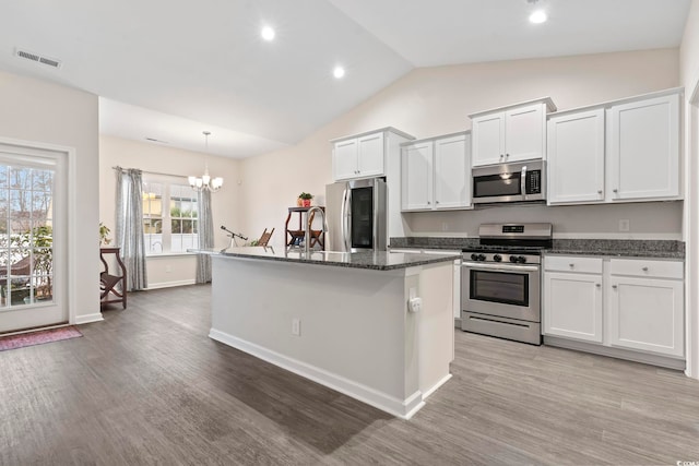 kitchen featuring pendant lighting, an island with sink, white cabinets, and appliances with stainless steel finishes