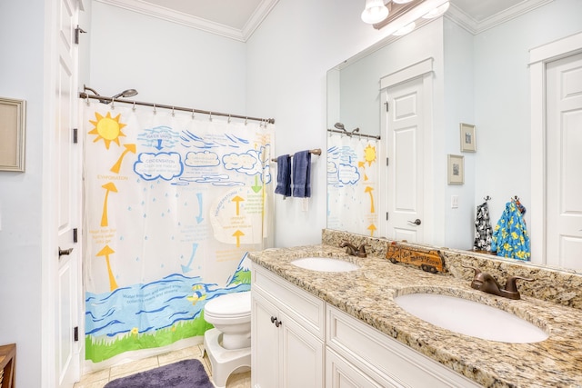 843 Howard Ave, Myrtle Beach, SC 29577 - bathroom with double vanity, tile patterned flooring, curtained shower, and ornamental molding