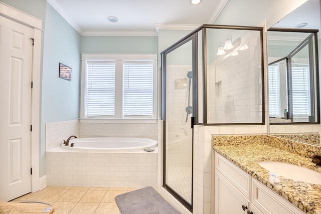 843 Howard Ave, Myrtle Beach, SC 29577 - bathroom featuring vanity, a garden tub, a shower stall, tile patterned floors, and crown molding