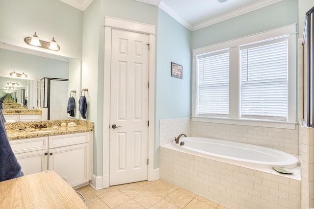 843 Howard Ave, Myrtle Beach, SC 29577 - bathroom with vanity, a garden tub, crown molding, and tile patterned floors