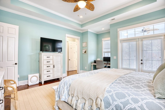 843 Howard Ave, Myrtle Beach, SC 29577 - bedroom with hardwood / wood-style floors, access to outside, a raised ceiling, ornamental molding, and ceiling fan