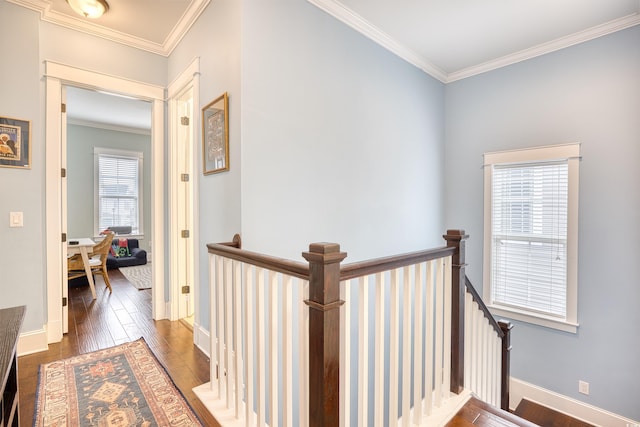 843 Howard Ave, Myrtle Beach, SC 29577 - corridor with an upstairs landing, wood-type flooring, and ornamental molding