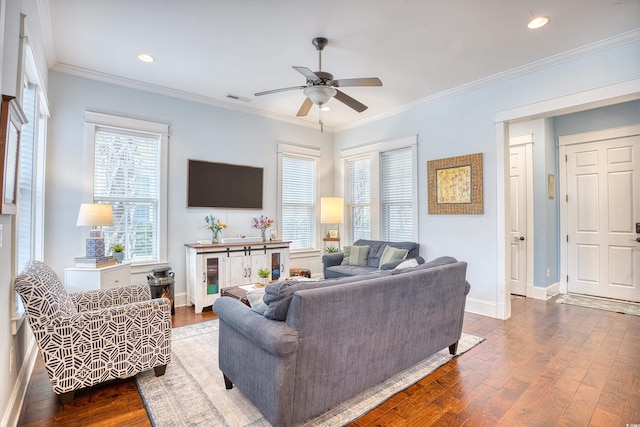 843 Howard Ave, Myrtle Beach, SC 29577 - living room with dark wood-type flooring, ceiling fan, healthy amount of natural light, ornamental molding, and recessed lighting