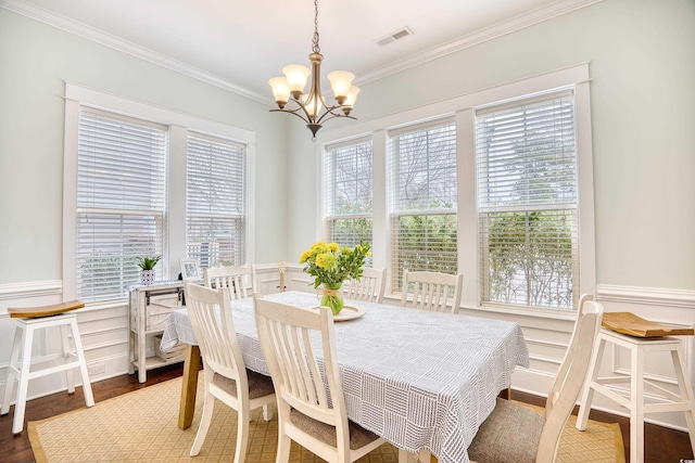 843 Howard Ave, Myrtle Beach, SC 29577 - dining room featuring ornamental molding, a chandelier, wood finished floors, wainscoting, and a decorative wall