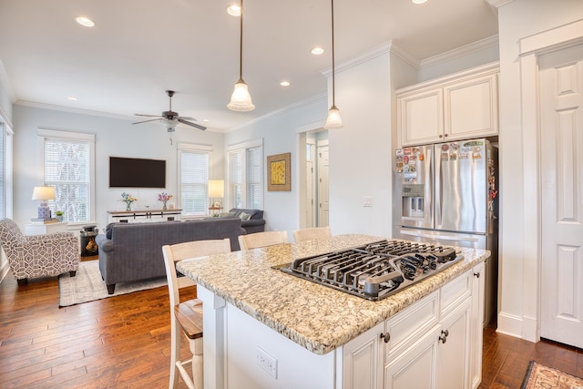 843 Howard Ave, Myrtle Beach, SC 29577 - kitchen featuring stainless steel refrigerator with ice dispenser, gas stovetop, a ceiling fan, dark wood-type flooring, and recessed lighting