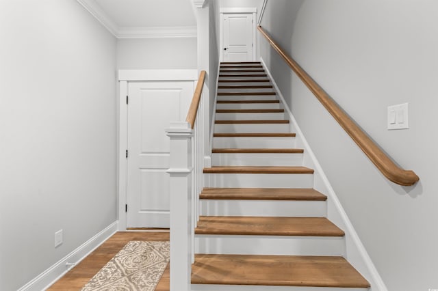 staircase featuring hardwood / wood-style flooring and crown molding