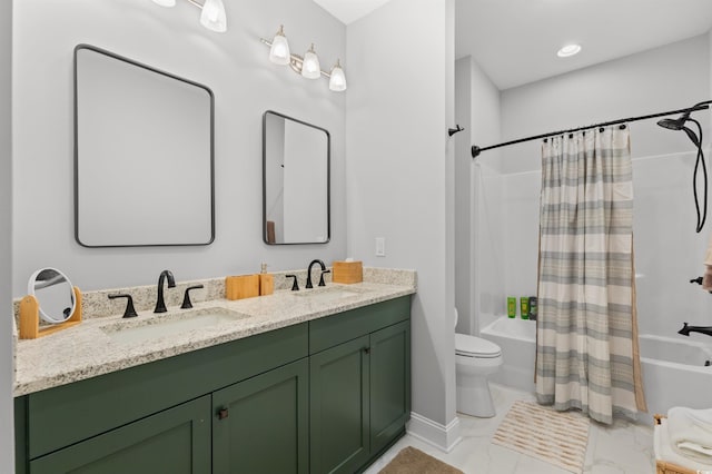 full bathroom with vanity, shower / tub combo with curtain, and toilet