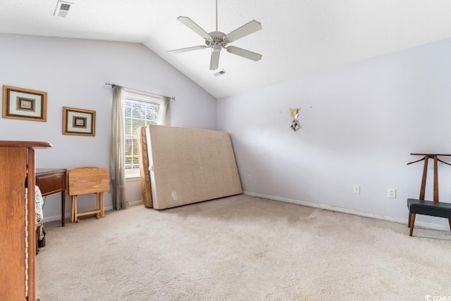 carpeted bedroom featuring lofted ceiling, a ceiling fan, visible vents, and baseboards