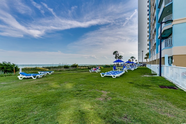 view of yard with a water view