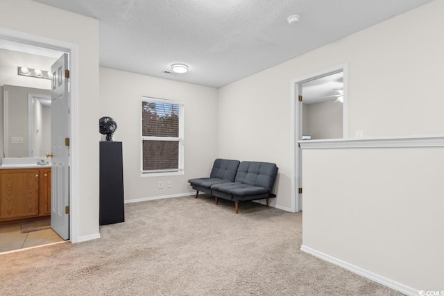 sitting room with a textured ceiling and light carpet