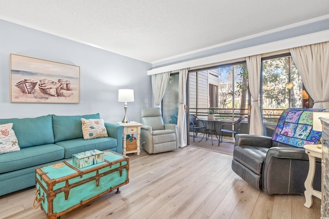 living area with a textured ceiling and wood finished floors