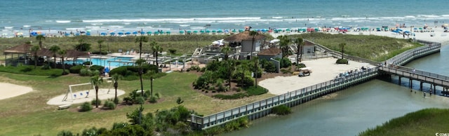 birds eye view of property featuring a water view