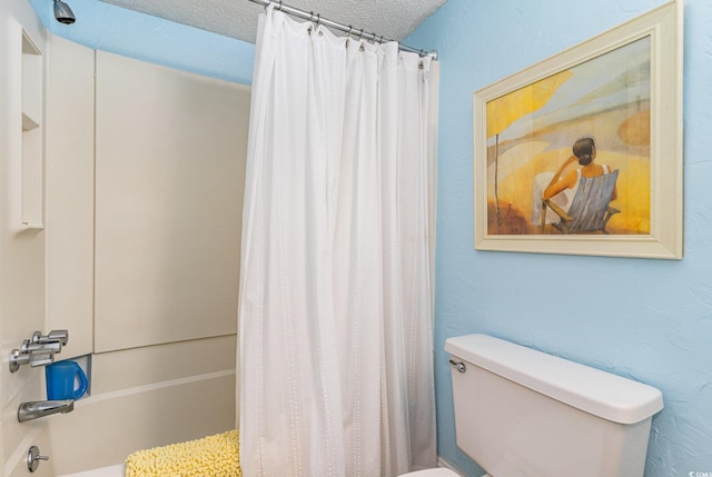 bathroom with shower / tub combo, a textured ceiling, and toilet