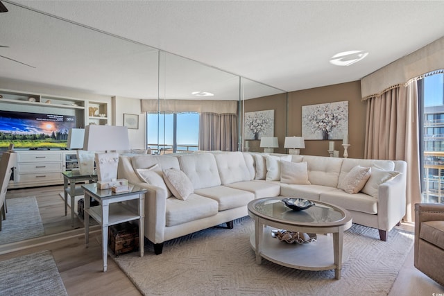 living room with light hardwood / wood-style flooring and a textured ceiling