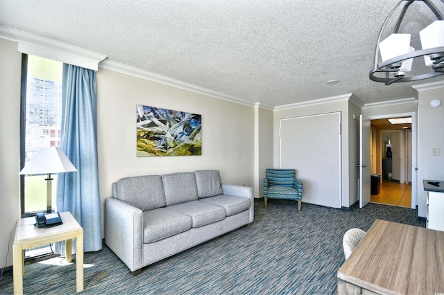 living room with dark colored carpet, crown molding, and a textured ceiling