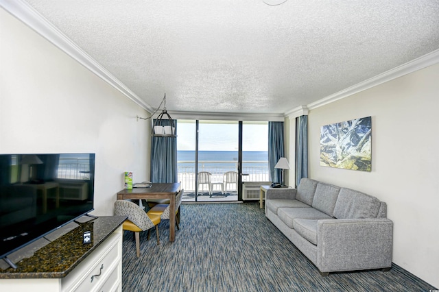 living area with a textured ceiling, dark carpet, a water view, and crown molding