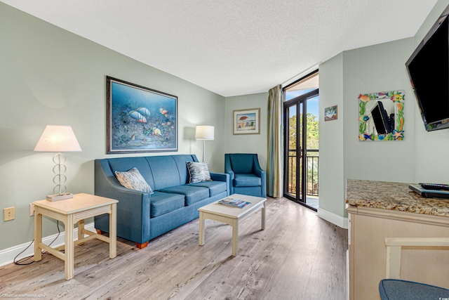 living room featuring light hardwood / wood-style floors and a textured ceiling