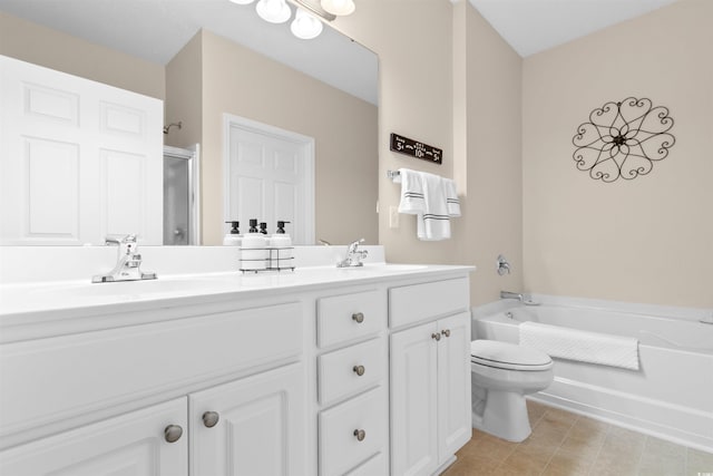 full bathroom with vanity, tile patterned flooring, shower with separate bathtub, and toilet