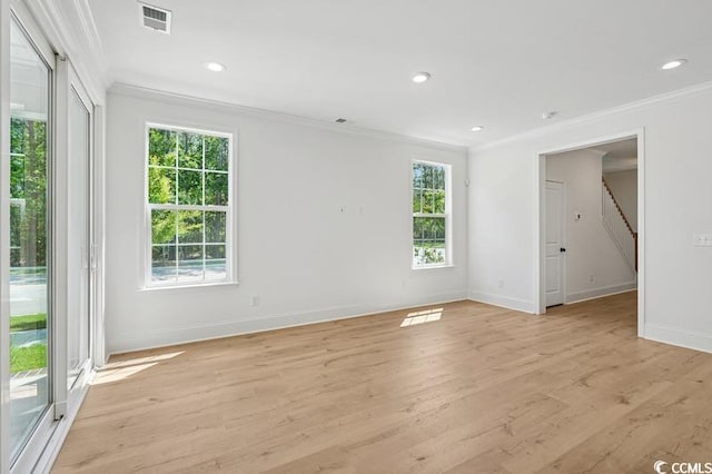 1800 Tryon Dr, Myrtle Beach, SC 29588 - unfurnished room with ornamental molding, baseboards, light wood-type flooring, recessed lighting, and stairs
