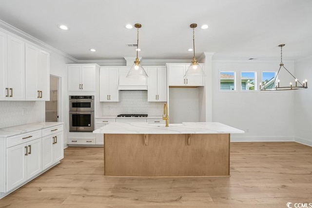 1800 Tryon Dr, Myrtle Beach, SC 29588 - kitchen with double oven, crown molding, backsplash, white cabinets, and light stone counters