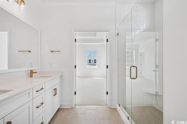 1800 Tryon Dr, Myrtle Beach, SC 29588 - bathroom featuring double vanity, a stall shower, crown molding, and tile patterned flooring