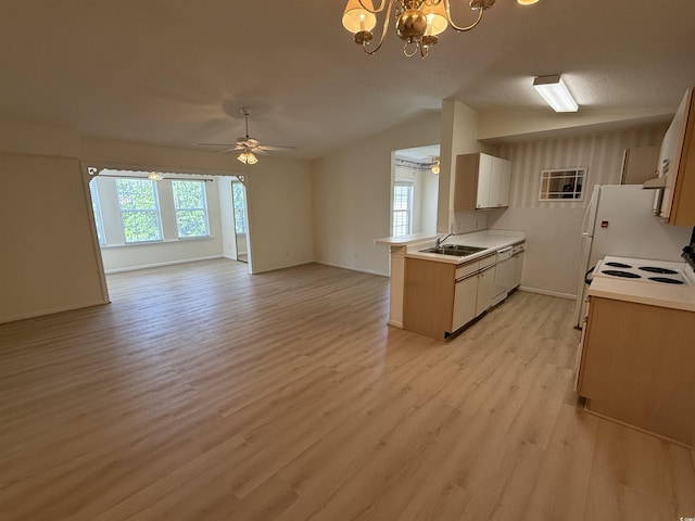 8545 Hopkins Cir Unit G, Myrtle Beach, SC 29575 - unfurnished living room with baseboards, light wood finished floors, and ceiling fan with notable chandelier