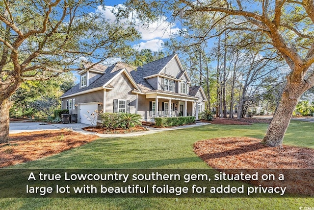 view of front facade with a garage, a front yard, and a porch