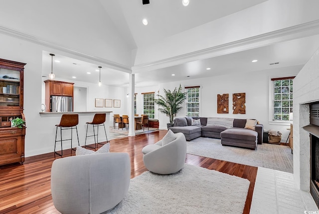 living room featuring light hardwood / wood-style flooring, high vaulted ceiling, and a large fireplace