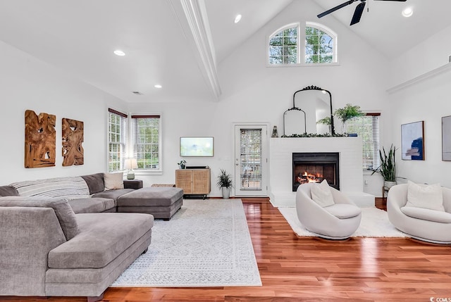 living room with plenty of natural light, a fireplace, high vaulted ceiling, and wood-type flooring